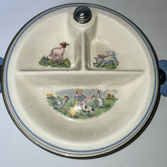 Bartsh Vintage 3 Section Baby Warming Dish Lamb Puppy Duck Chrome Plated - Picture 3 of 9